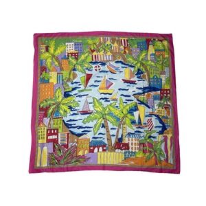 Vintage Talbots Scarf Harbor Nautical Tropical Sailboat Print Border Square